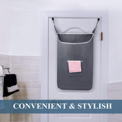 Gray over-the-door laundry hamper installed on a bathroom door