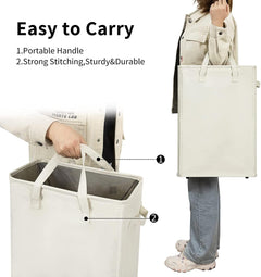 Beige slim laundry hamper carried by its long handles and side grips