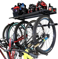 Five bikes hanging under a G-Bike solid shelf holding helmets and gear