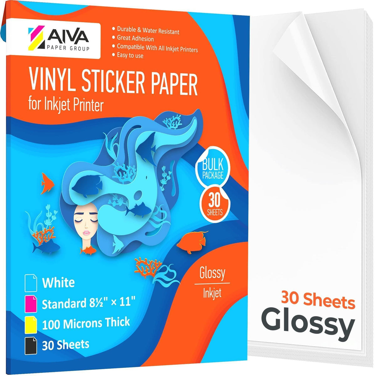 AIVA glossy white printable vinyl, 30 letter-size sheets with peel-off backing
