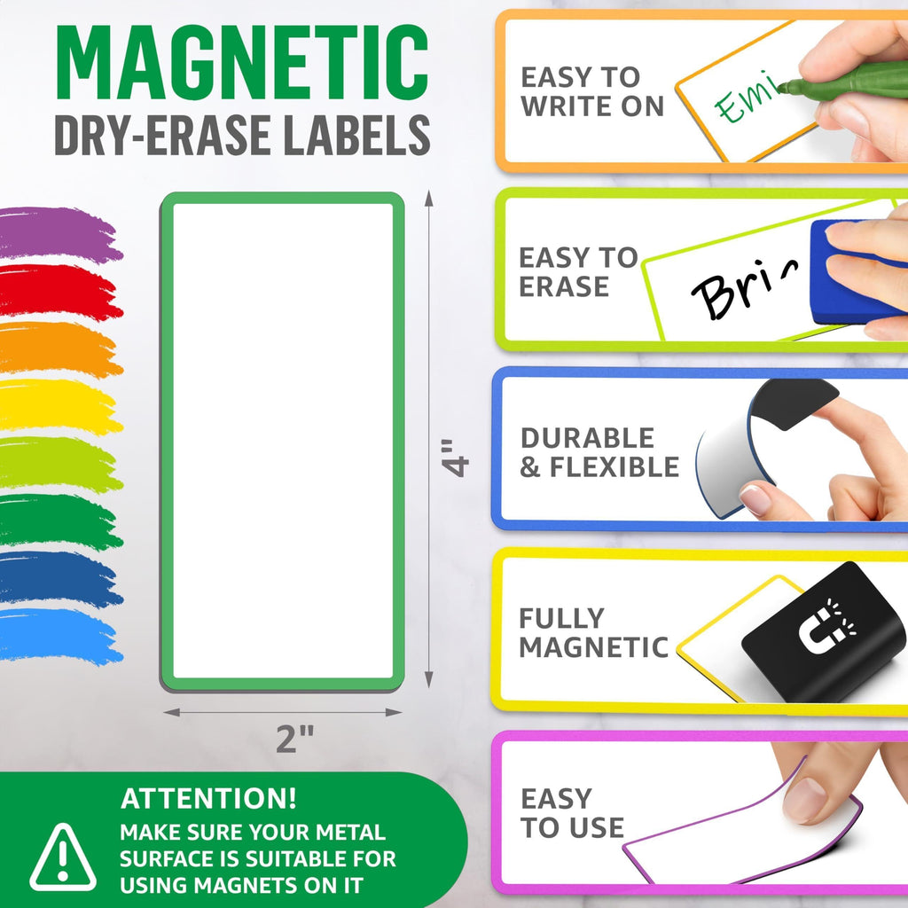 Colored-border magnetic label showing size, dry-erase surface, and magnetic backing