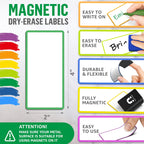 Colored-border magnetic label showing size, dry-erase surface, and magnetic backing