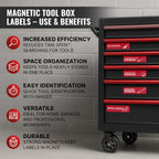 Red magnetic labels on the drawers of a black rolling tool chest