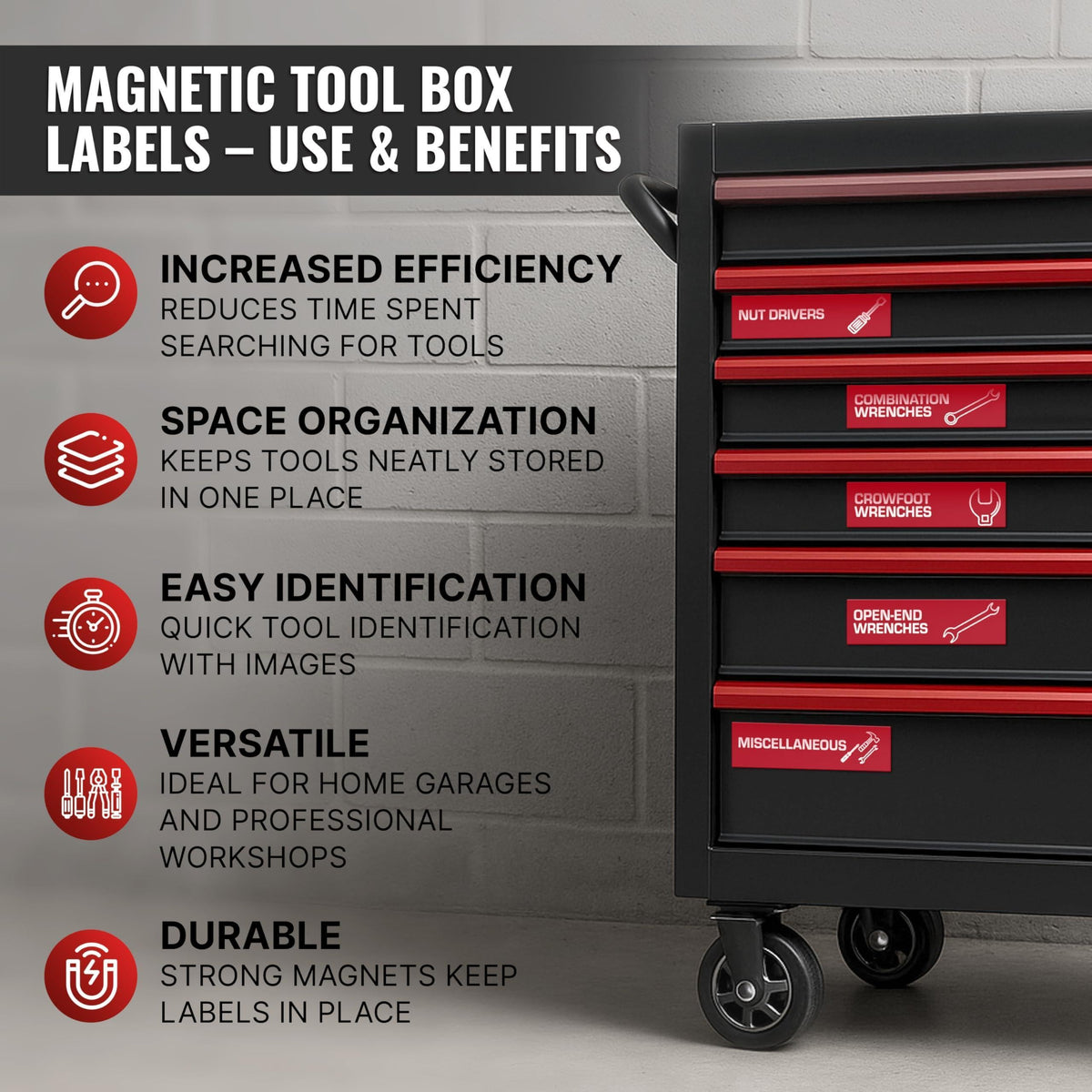 Red magnetic labels on the drawers of a black rolling tool chest