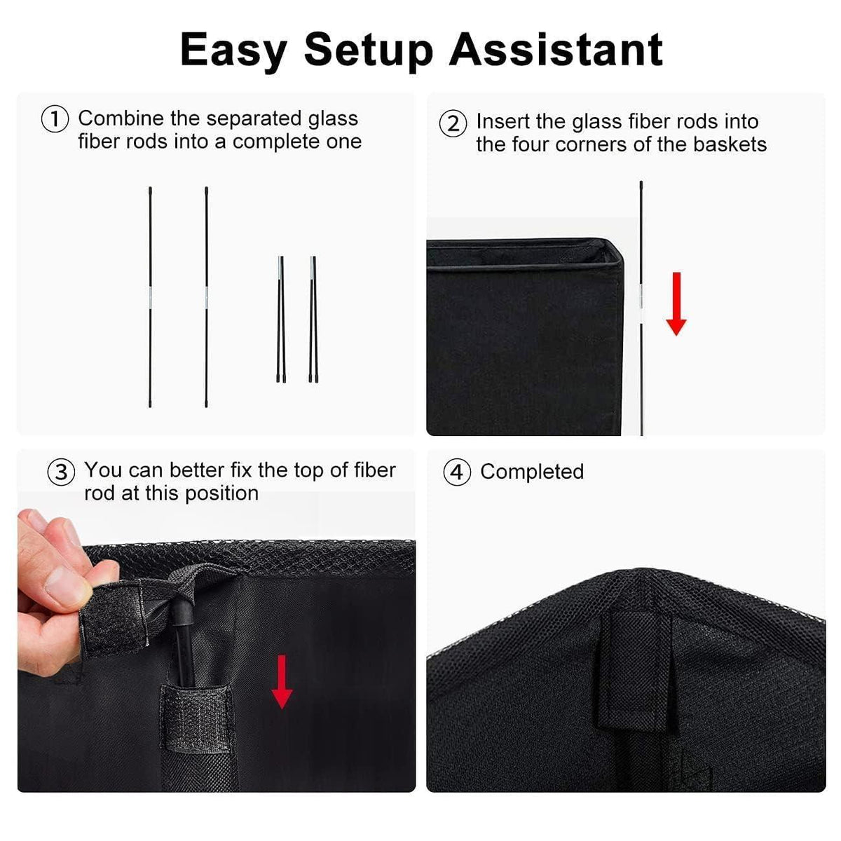 Four-step assembly guide for the slim laundry hamper support rods