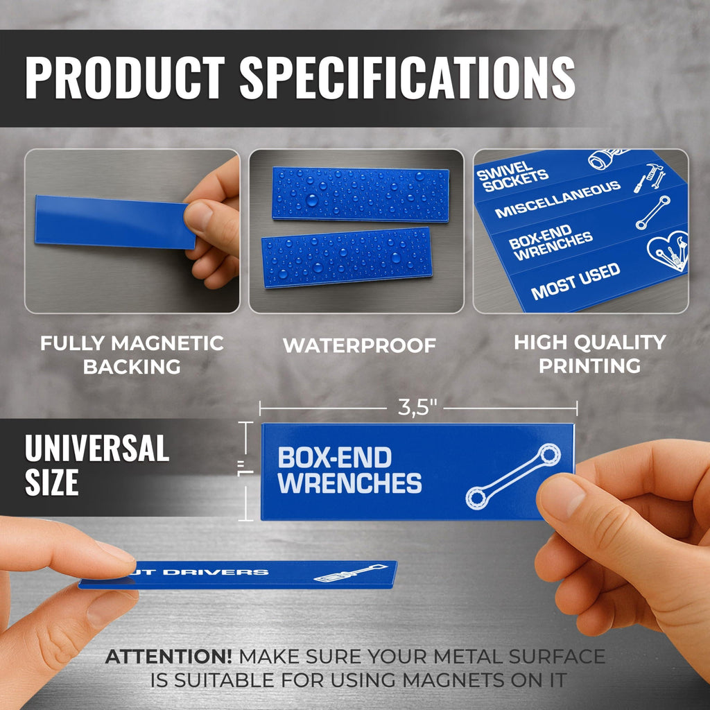 Blue toolbox label dimensions and magnetic backing details