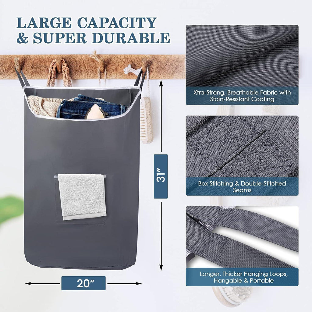 Gray hanging laundry hamper with 20-inch width, 31-inch height and reinforced fabric details