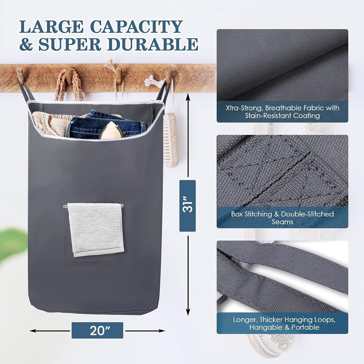 Gray hanging laundry hamper with 20-inch width, 31-inch height and reinforced fabric details