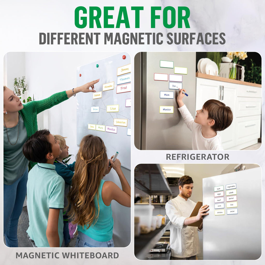 Colored-border magnetic labels used on whiteboards and refrigerators
