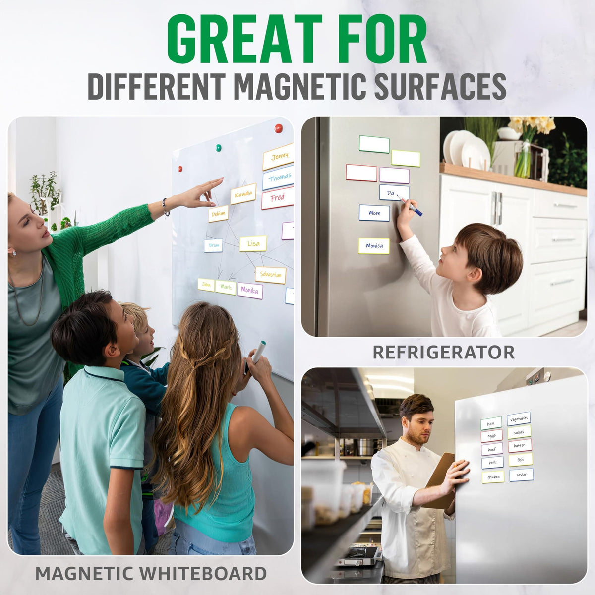 Colored-border magnetic labels used on whiteboards and refrigerators