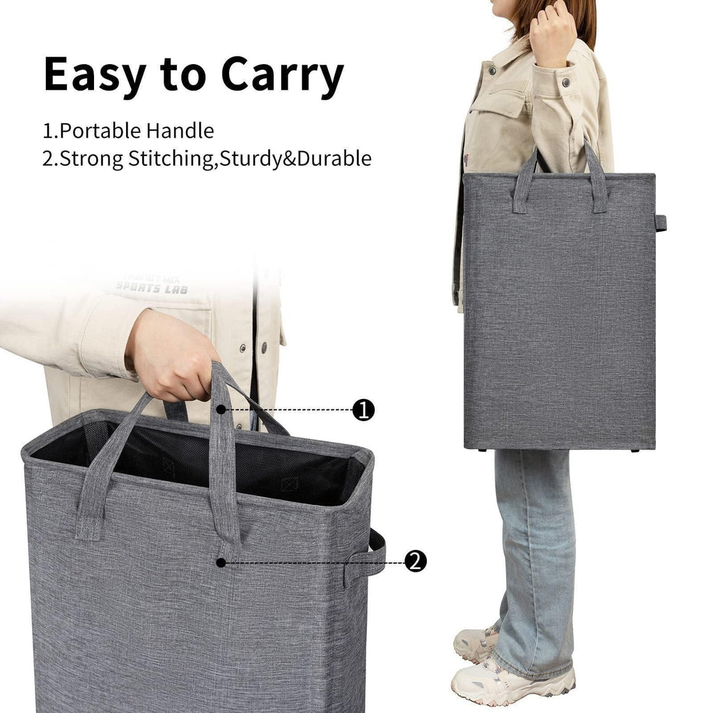 Dark gray slim hamper carried by its long handles and side grips