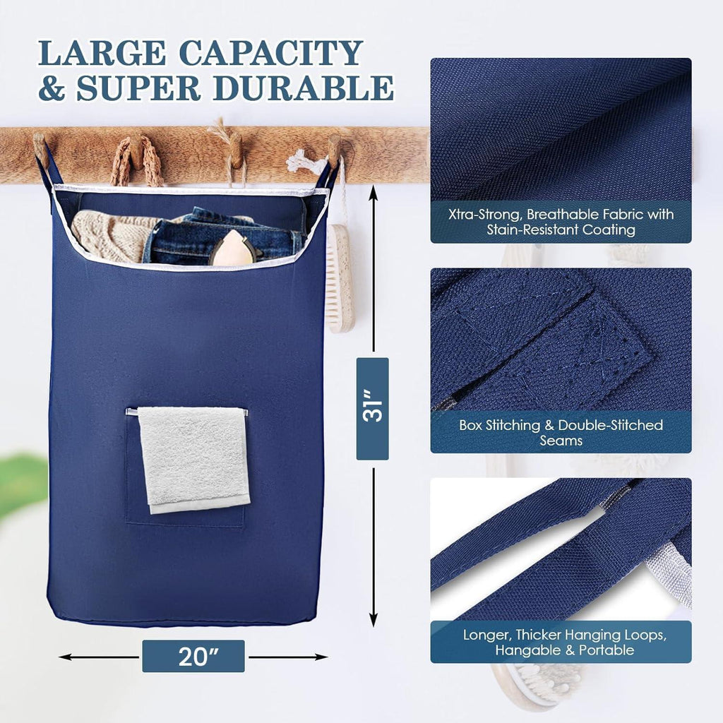 Navy hanging hamper measuring 20 inches wide by 31 inches high, with fabric and loop details