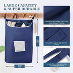 Navy hanging hamper measuring 20 inches wide by 31 inches high, with fabric and loop details
