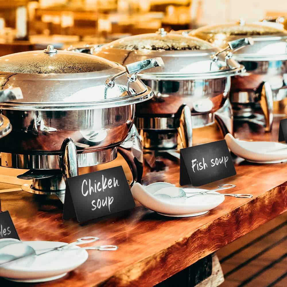 Mini chalkboard tent signs identifying soup at a buffet