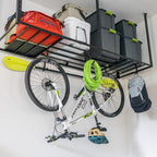 Ceiling shelf hooks holding a bike, hose, helmet and backpack under an overhead rack