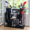 Pinehurst double golf bag organizer holding two golf bags, shoes and accessories