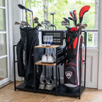 Pinehurst double golf bag organizer holding two golf bags, shoes and accessories