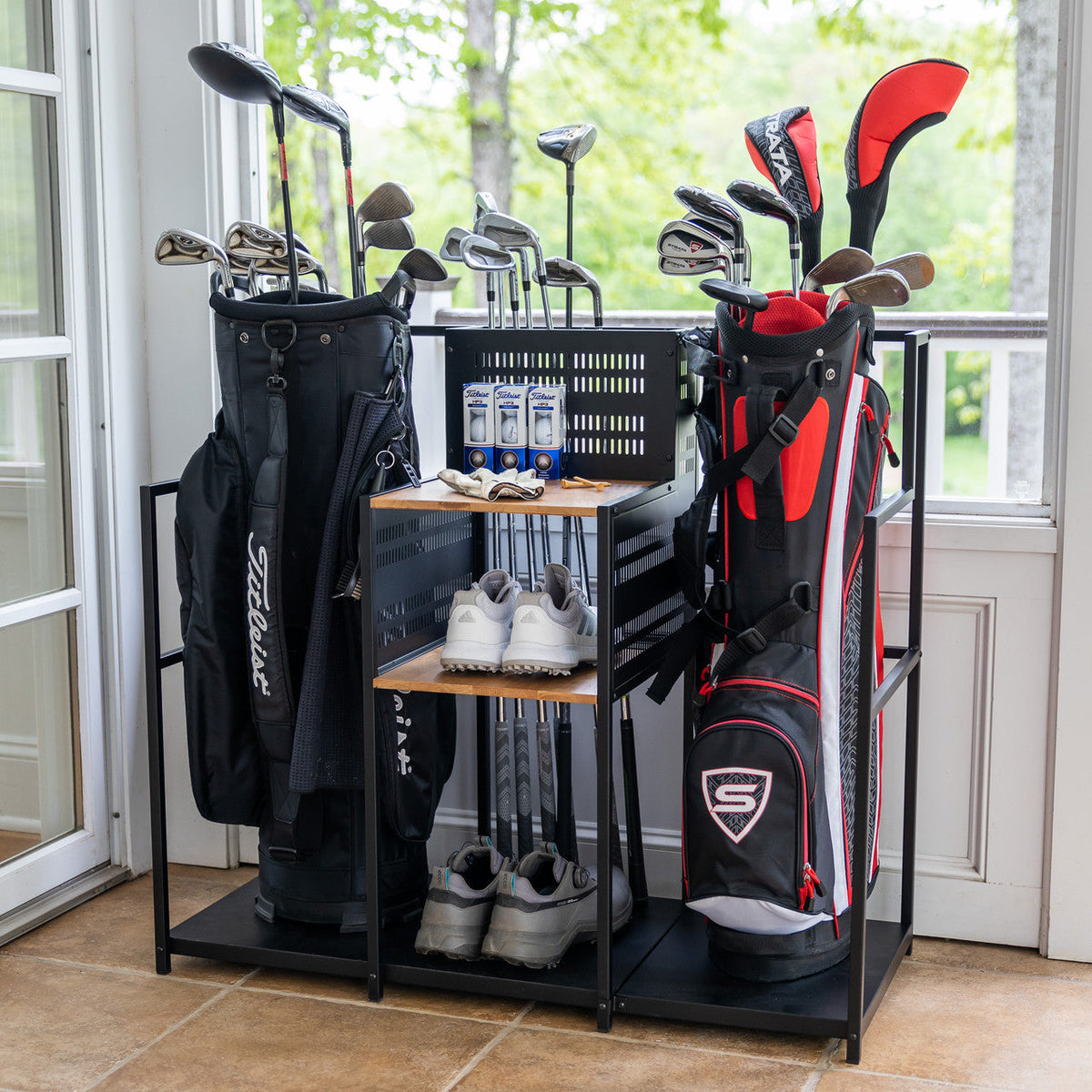 Pinehurst double golf bag organizer holding two golf bags, shoes and accessories