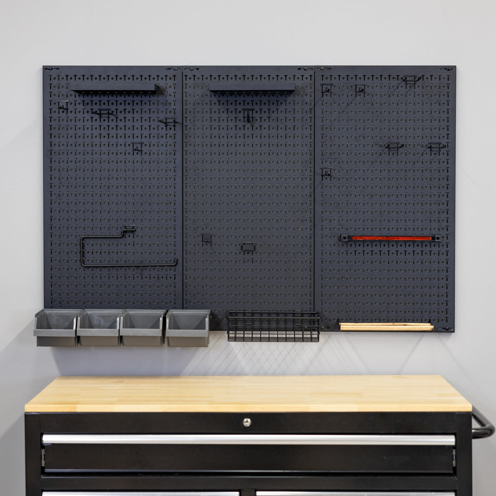 Empty 51 x 32 inch PRO pegboard with shelves, bins and a basket