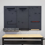 Empty 51 x 32 inch PRO pegboard with shelves, bins and a basket