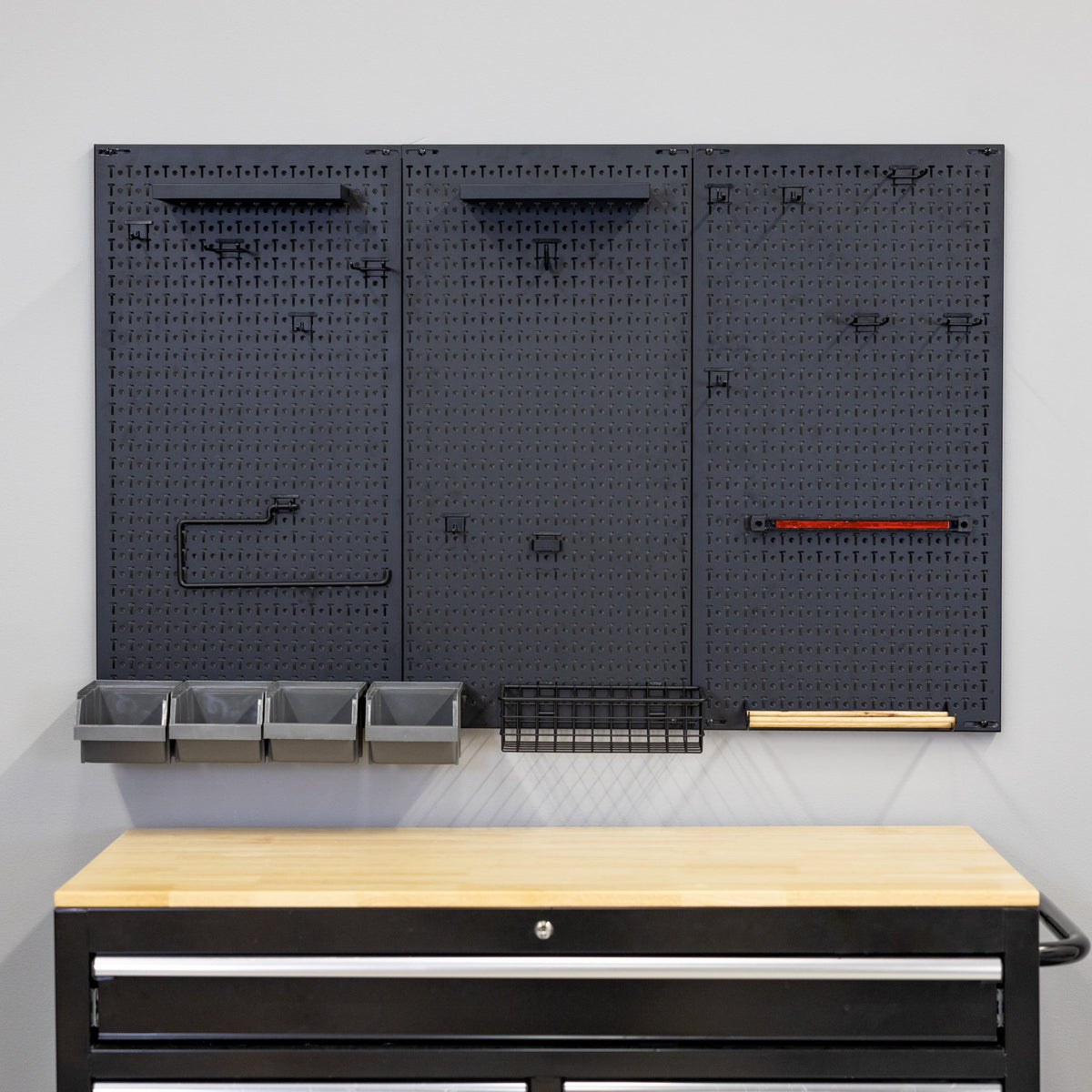 Empty 51 x 32 inch PRO pegboard with shelves, bins and a basket