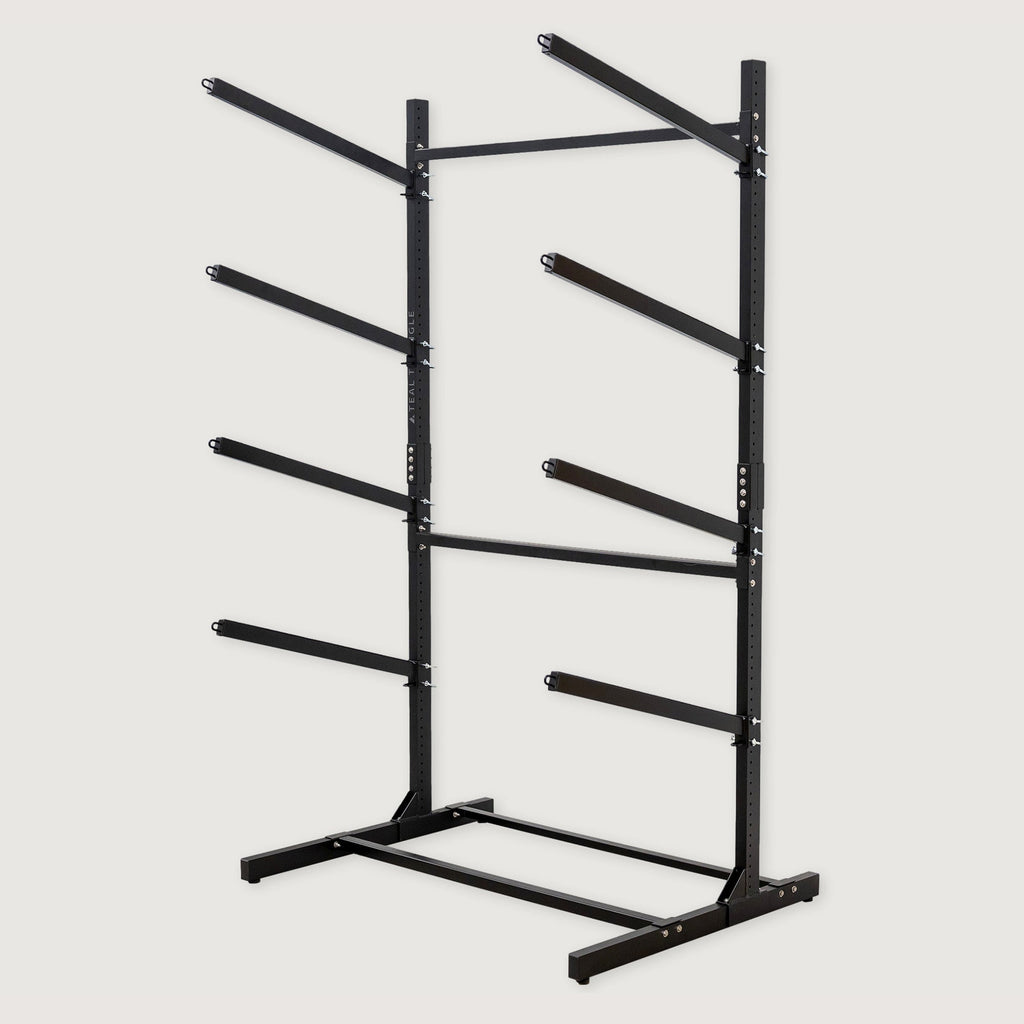 Empty black 4-level freestanding kayak and paddleboard rack