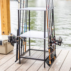 Tarpon rod stand holding fishing rods on a dock