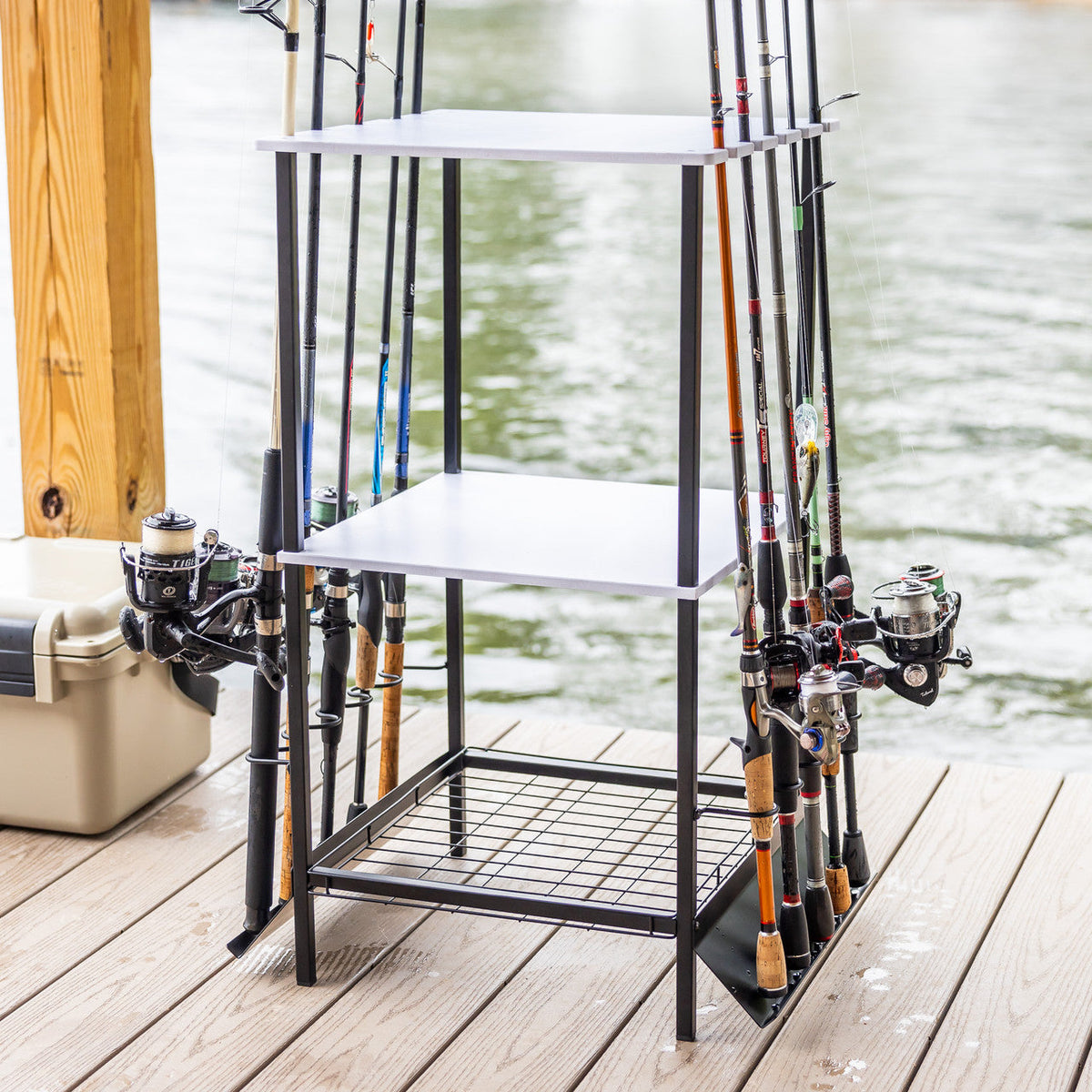 Tarpon rod stand holding fishing rods on a dock