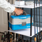 Hand placing a tackle box on the rod stand shelf
