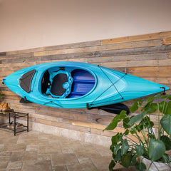 Teal kayak stored on the Roanoke Standard wall rack