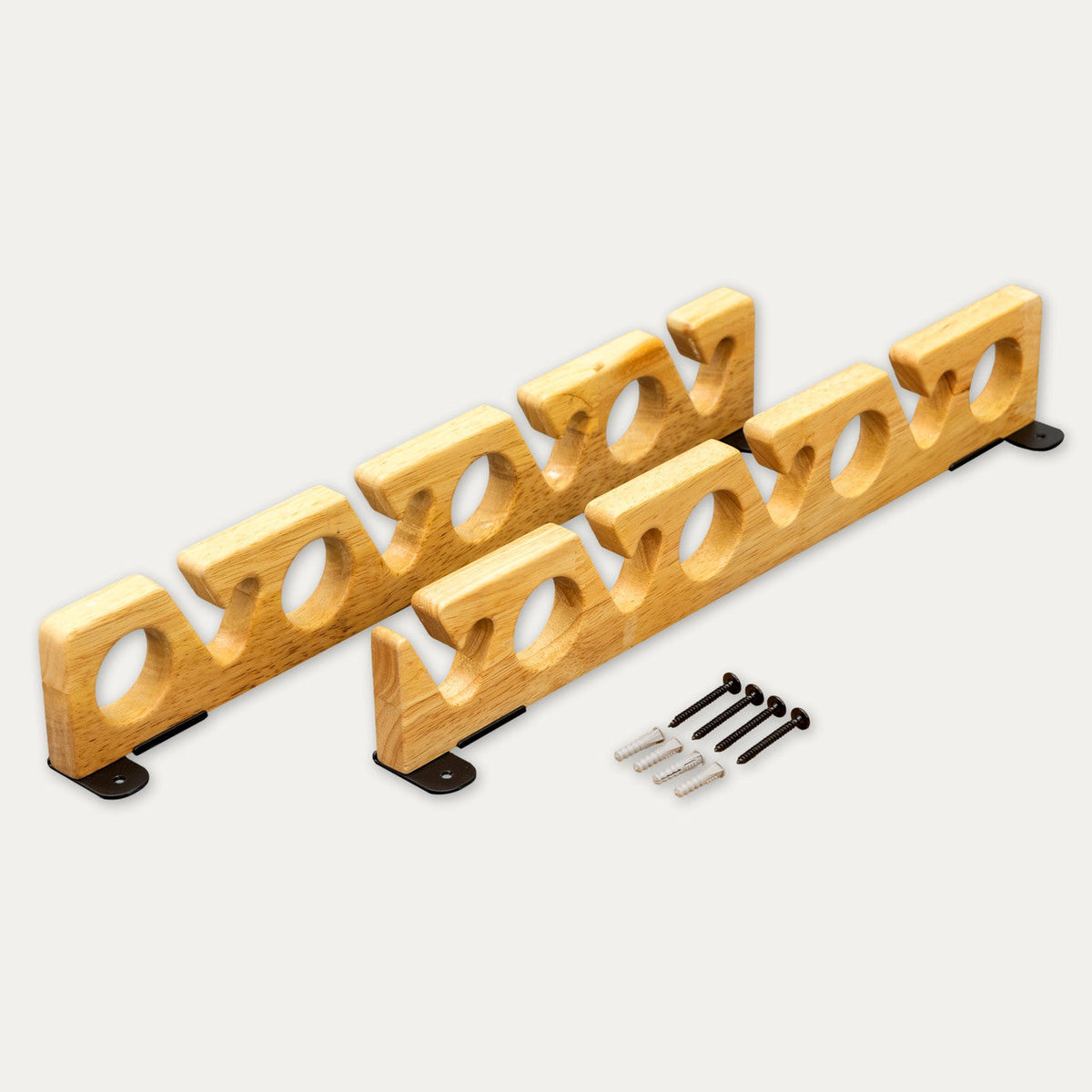 Two wood Stillwater rod rack pieces with mounting screws