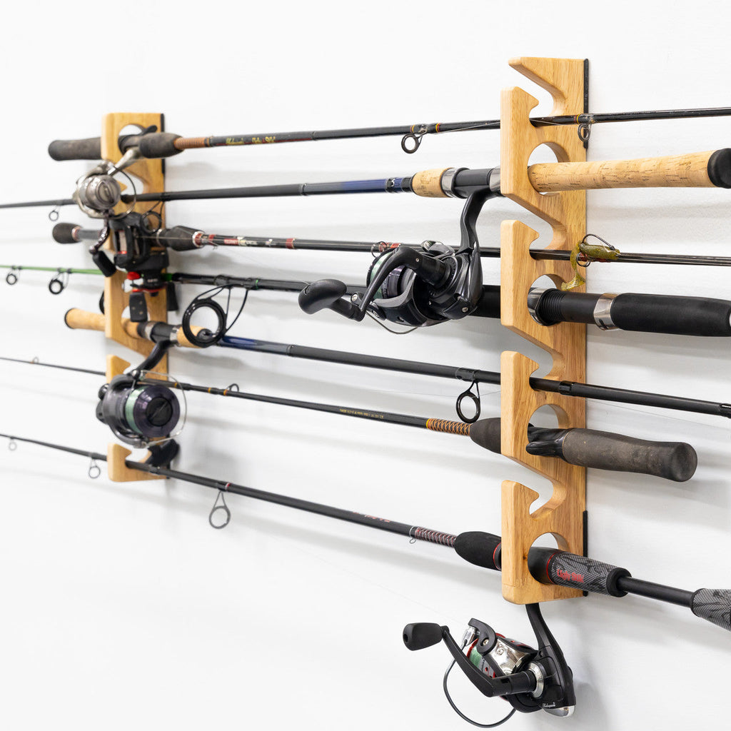 Stillwater wood rack holding fishing rods horizontally on a wall