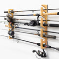 Stillwater wood rack holding fishing rods horizontally on a wall