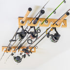 Fishing rods stored horizontally on the wood rack, angled view