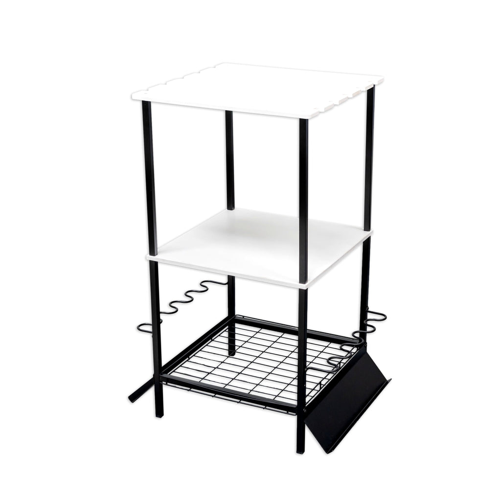 Empty Tarpon rod stand with two shelves and a wire base