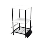 Empty Tarpon rod stand with two shelves and a wire base