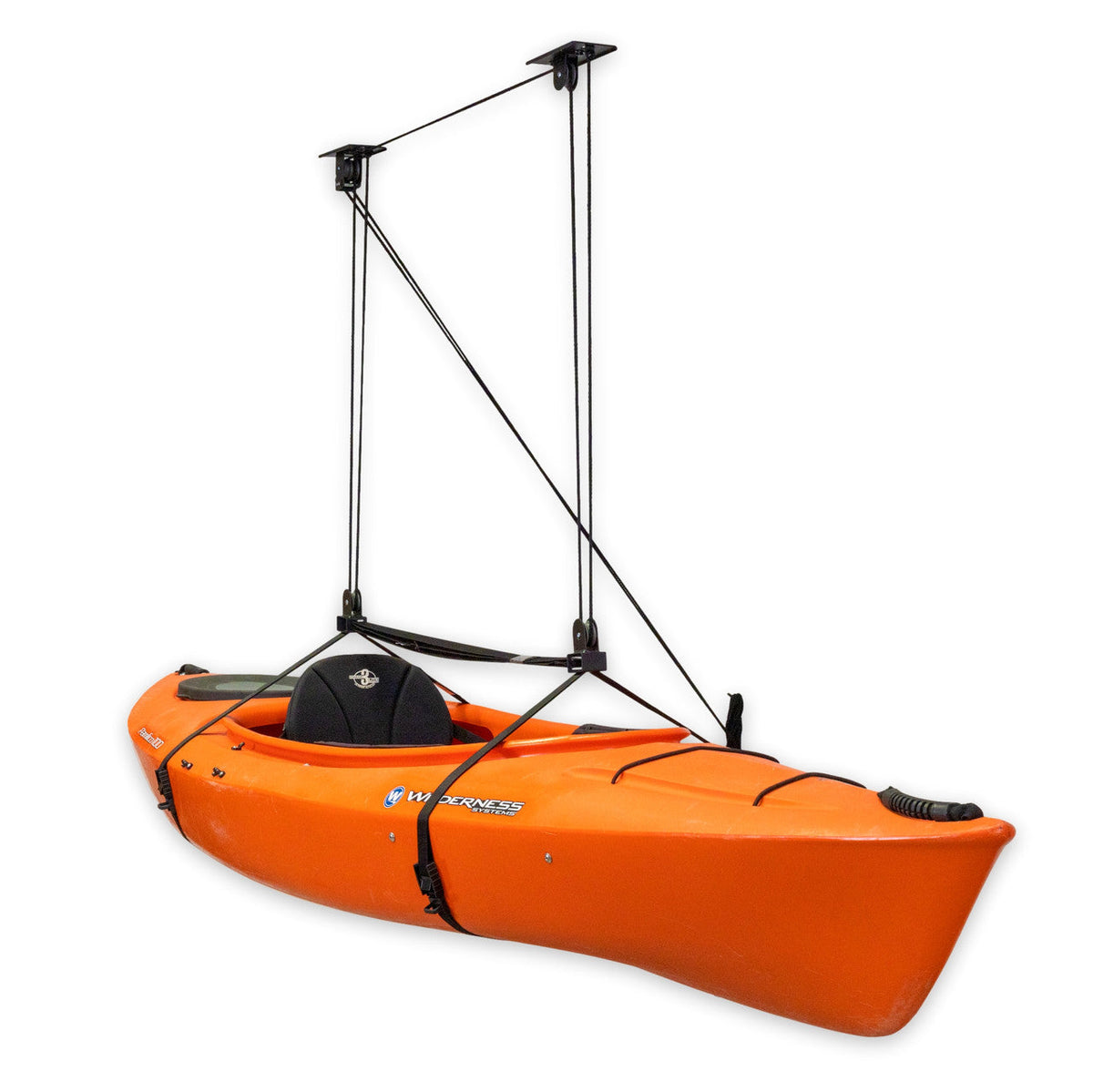 Orange kayak lifted by the garage pulley hoist