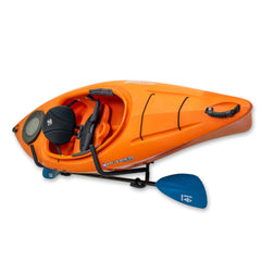 Orange kayak and paddle stored on the Ozarks swivel wall rack