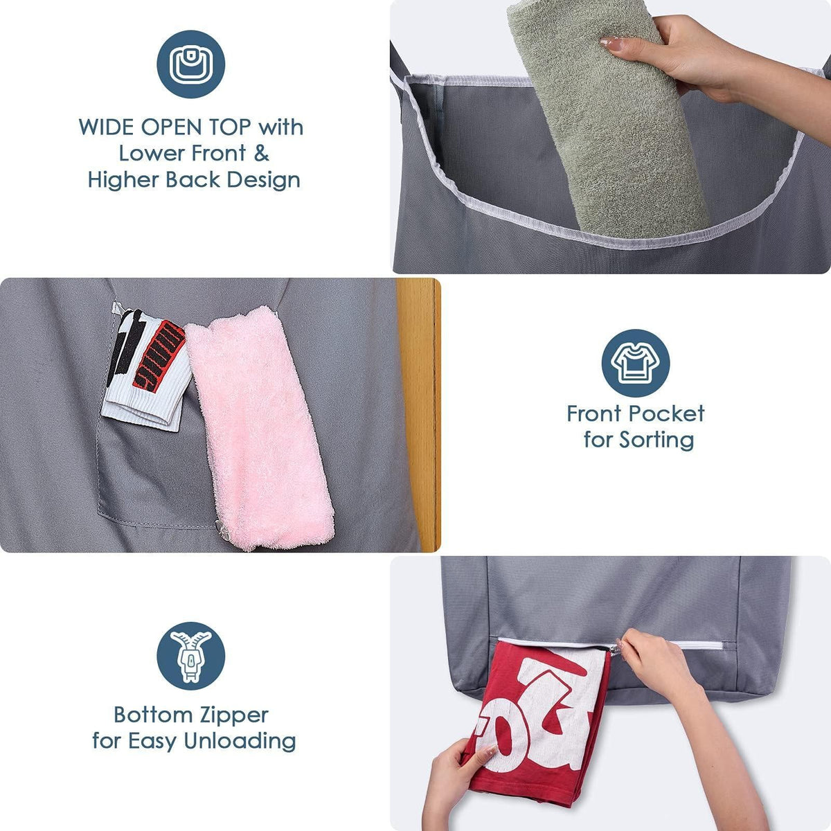 Wide opening, front pocket and bottom zipper on gray hanging laundry hamper