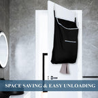 Black over-the-door hamper unloading clothing through its bottom zipper