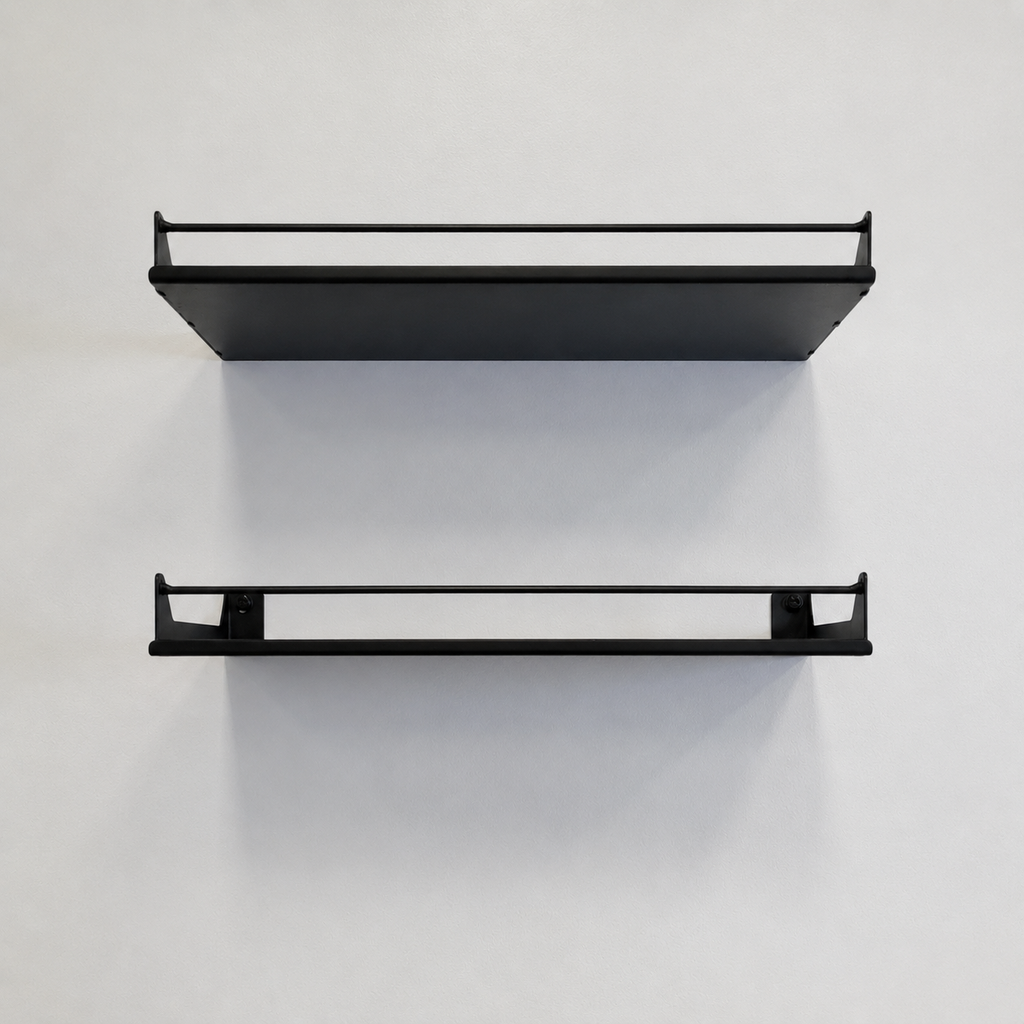 Two empty black Haven steel wall shelves with guard rails