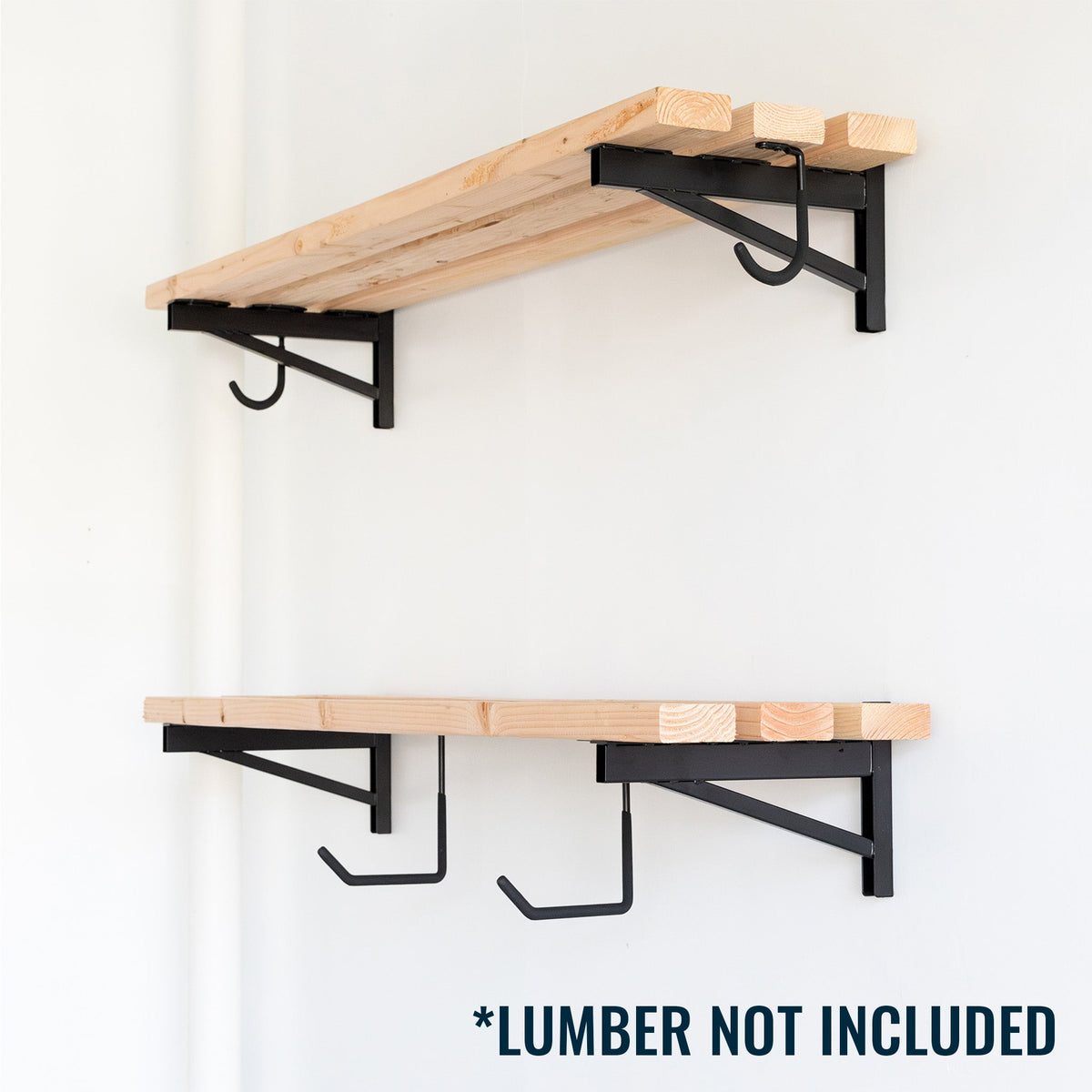 DIY brackets with wood shelves installed (lumber not included)