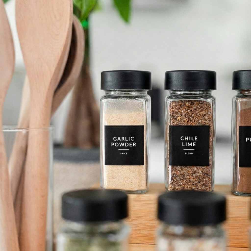 Close-up of garlic powder and chile lime jars with black lids