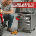 Rolling metal toolbox beside a vehicle with labeled drawers for sockets and wrenches