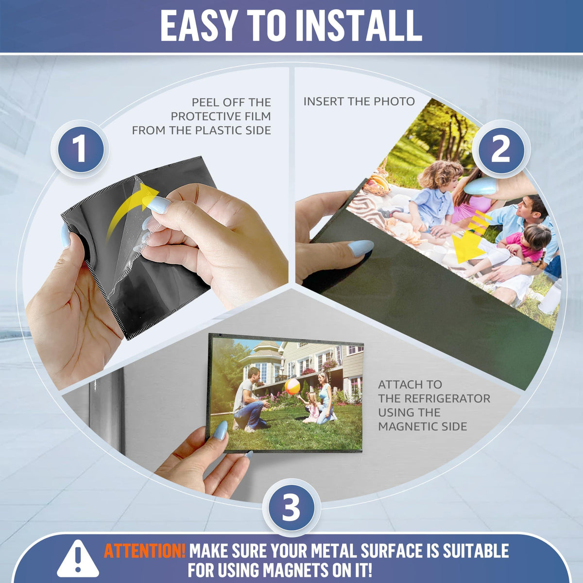 Removing protective film, inserting a photograph and attaching a black magnetic sleeve