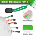 Close-up of colored zipper pulls, transparent PVC mesh, and double-stitched seams