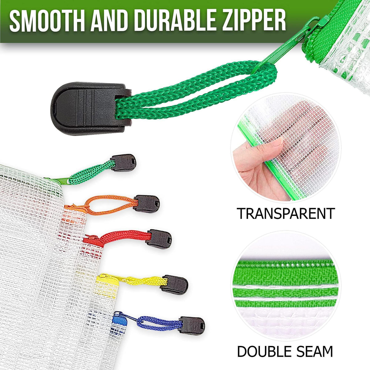 Close-up of colored zipper pulls, transparent PVC mesh, and double-stitched seams