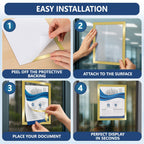 Four steps to install the sign holder on a glass door: peel, attach, place your document, display