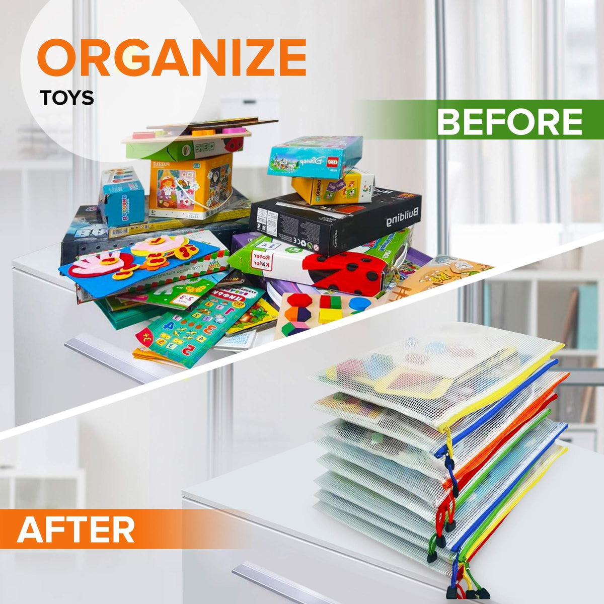 Before-and-after comparison of board games stored in mesh zipper pouches