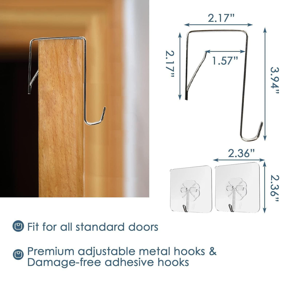Mounting dimensions of the black laundry hamper's over-door hooks and adhesive pads